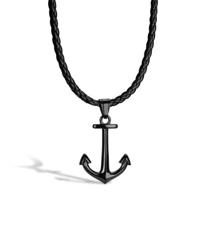 Leather Necklace with Pendant Anchor Black Serasar